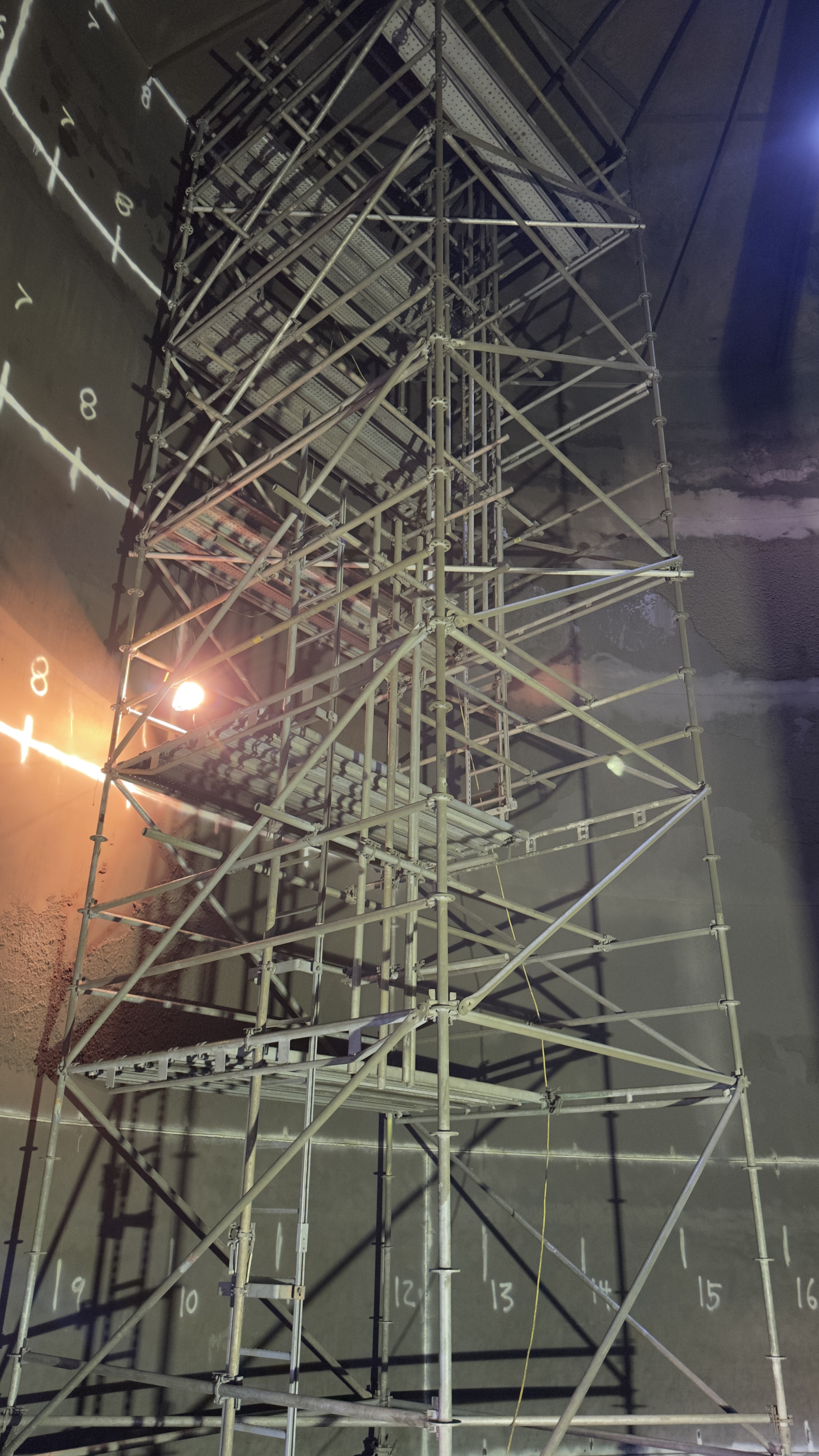 Scaffold access tower built inside a large industrial vessel for internal inspection